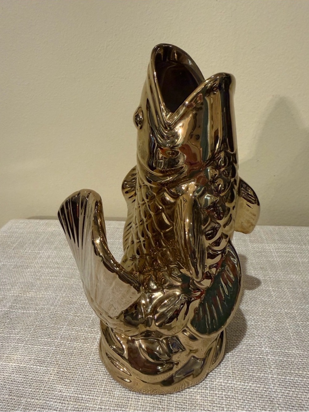 Metallic Gold Ceramic Fish Vase Gluggle Jug Style Hollywood Regency Nautical